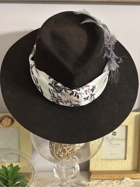 Upcycled Black Felt Fedora Hat Floral Scarf Band, Feather & Rhinestone Boho